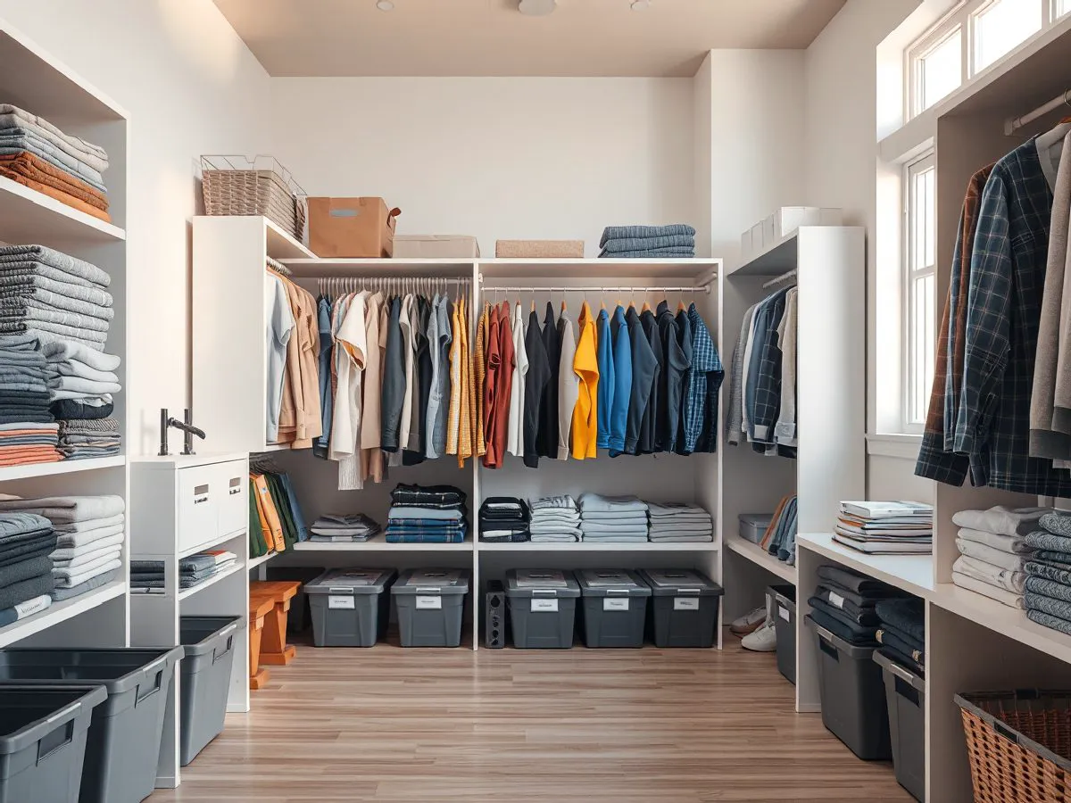 整理后的衣帽间，衣物整齐折叠悬挂，收纳盒标签清晰